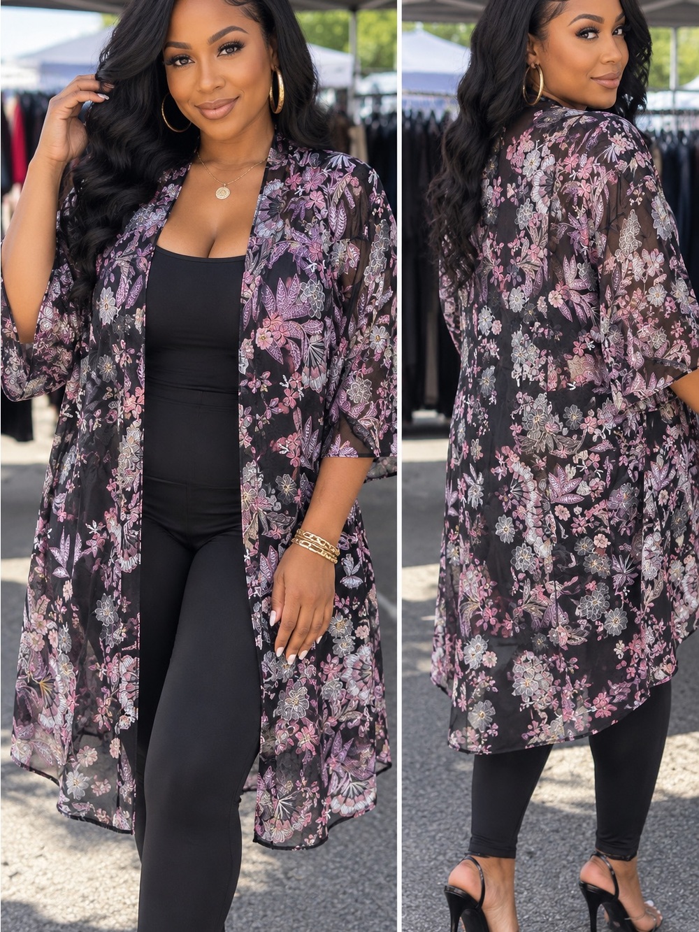Floral Sheer Kimono Cover-Up - Black with Pink Floral